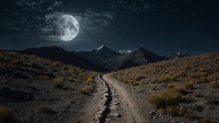 Landscape of mountains at night with full moon. 3d renderingの写真素材