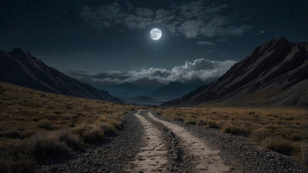 Dirt road in the mountains at night with full moon and starsの写真素材