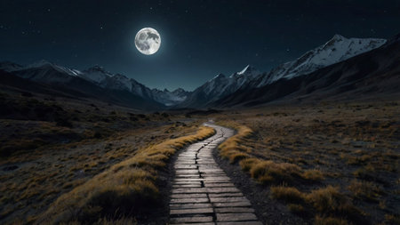 Hiking trail in the mountains at night with full moon. 3d renderingの写真素材