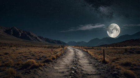 Landscape of a mountain road at night with full moon and starsの写真素材