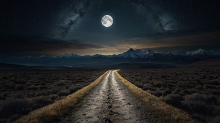 Dirt road leading to the mountains at night with moon and starsの写真素材