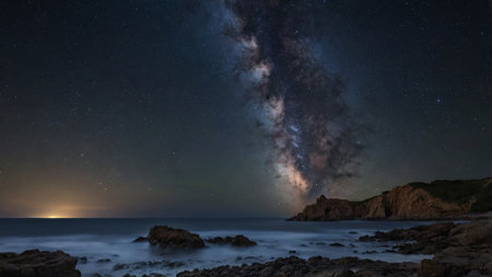 Milky Way over the sea and rocks. Long exposure photograph.