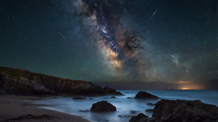 Milky way over the sea at night. Long exposure photograph.の写真素材