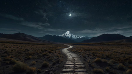 Himalayan landscape at night with starry sky and moonlightの写真素材
