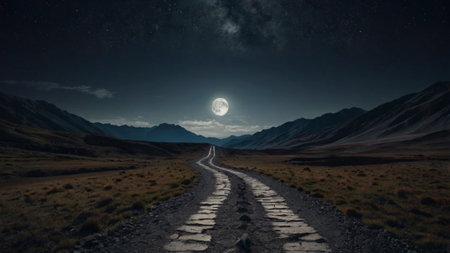 road in the mountains on a full moon night. 3d rendering