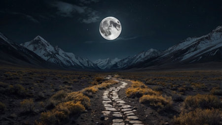 Landscape of mountains at night with full moon. 3d renderingの写真素材