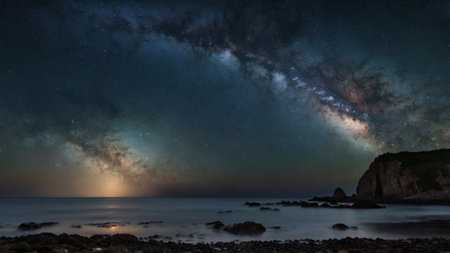 Milky Way over the sea, Long exposure photograph, with grain