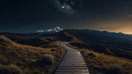 Mountain landscape at night with a path leading to the starry skyの写真素材