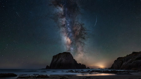 Milky Way over the sea and rock in the night sky.