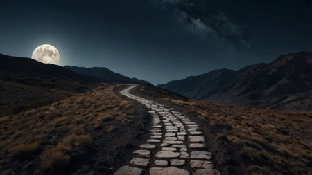 Path in the mountains at night with full moon. 3d renderingの写真素材