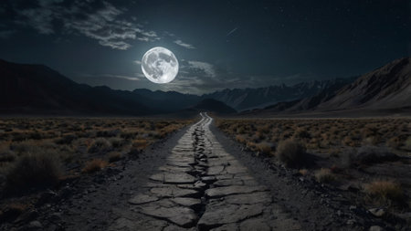 Road in the desert at night with full moon. 3d renderingの写真素材