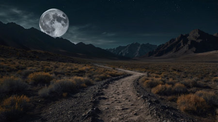 Hiking trail in the mountains at night with full moon.の写真素材
