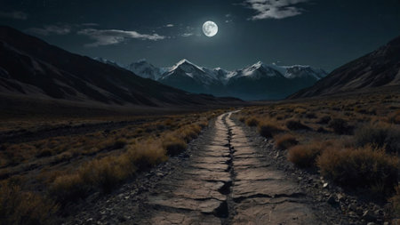 Road in the mountains at night in full moon light. 3D renderingの写真素材