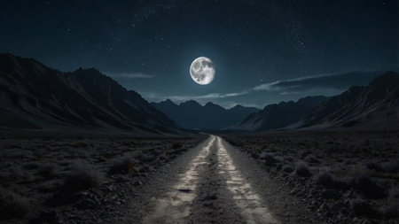 road to the moon in the desert at night. 3d renderingの写真素材