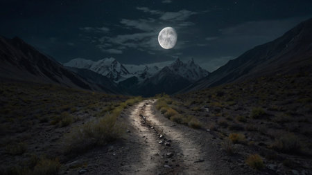 road in the mountains at night with moon. 3d rendering.の写真素材