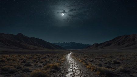 Moonlight over a path to the desert. 3d rendering.の写真素材