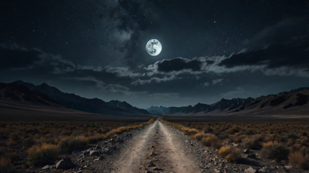 road in the desert at night with full moon. 3d rendering
