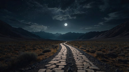 road to the moon in the desert at night. 3d renderingの写真素材
