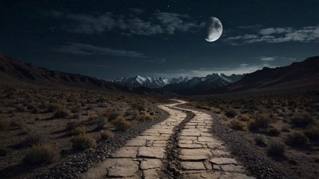 road in the desert at night with moon and stars. 3d renderingの写真素材
