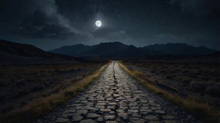 road in the mountains at night in full moon light. 3d rendering