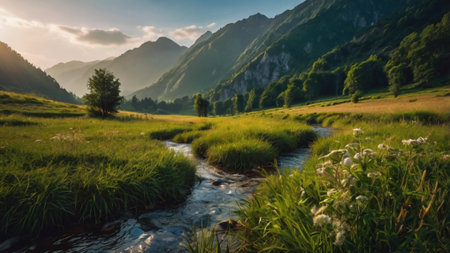 Landscape with river and mountains in the background. Beautiful summer landscape.の写真素材