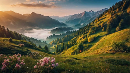 Panoramic view of alpine meadow and mountains at sunrise.の写真素材