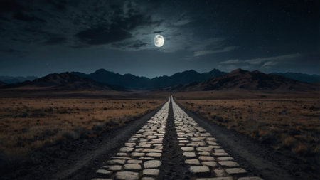 Road in the desert at night with full moon. 3d renderingの写真素材