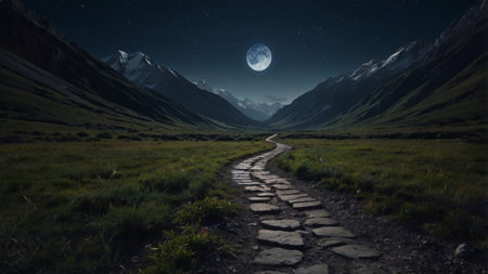 Mountain landscape at night with moon and stars. 3d renderingの写真素材