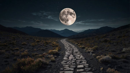 Path in the mountains at night with full moon. 3d renderingの写真素材