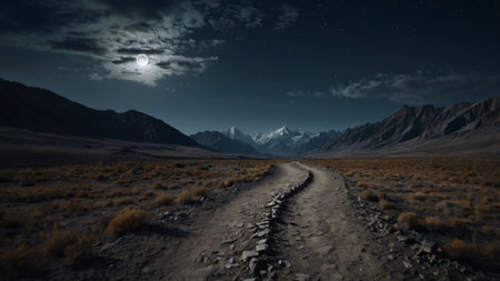 Dirt road in the mountains at night. 3d render.の写真素材