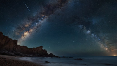 Milky Way over the sea with rocks and stars in the skyの写真素材