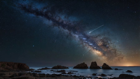 Milky way over the sea and rocks. Long exposure photograph.の写真素材