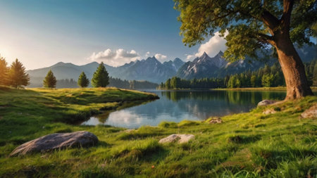 Panoramic view of alpine lake and mountain range in the backgroundの写真素材