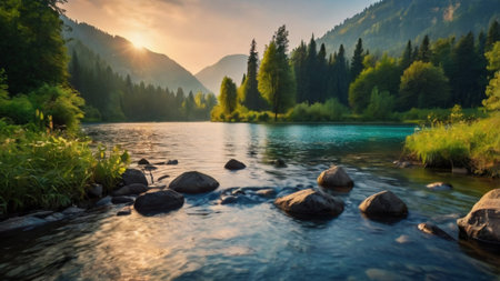 Beautiful mountain river at sunset. Landscape with mountains, forest and lake.の写真素材