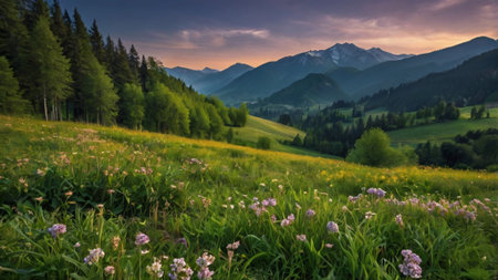 Mountain meadow at sunset. Beautiful summer landscape in the mountains.の写真素材