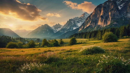 Beautiful summer landscape in the Dolomites. Sunrise over the mountainsの写真素材