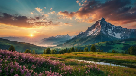 Majestic sunset in the mountains landscape. Panoramic view.の写真素材