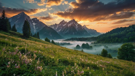 Beautiful summer landscape in the mountains. Sunrise over the mountains.の写真素材