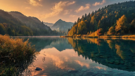 Sunset on the lake in the mountains. Autumn landscape with a lake.の写真素材