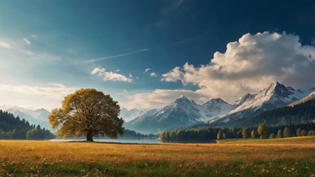 Beautiful autumn landscape with alpine meadow and lonely tree.の写真素材