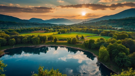Aerial view of beautiful lake in the mountains at sunset. Beautiful summer landscape.