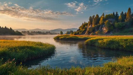 Beautiful summer landscape with river, forest and mountains at sunset.の写真素材