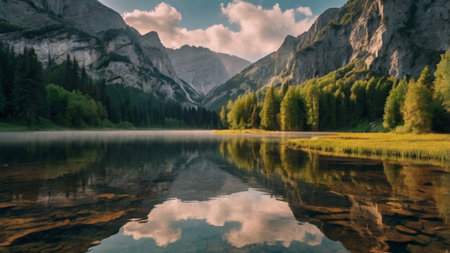 Lago di Braies lake in Dolomites, Italy. Panoramic viewの写真素材