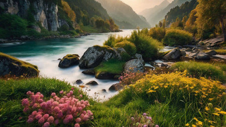 Beautiful landscape of a mountain river in the mountains. Beautiful view of the mountain river.の写真素材