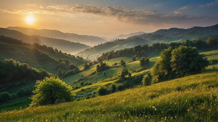 Majestic sunset in the mountains landscape. Carpathian, Ukraine, Europe. Beauty world.の写真素材