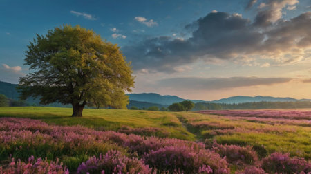 Landscape with blooming heather field and lonely tree at sunsetの写真素材