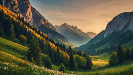 panoramic view of alpine meadow and mountains at sunsetの写真素材