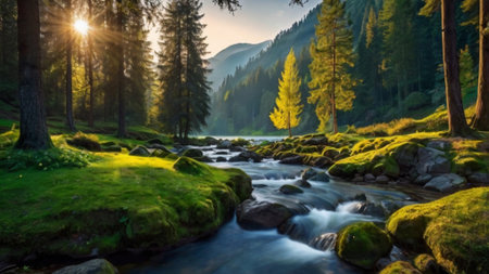 Mountain river in the forest at sunset. Beautiful summer landscape.