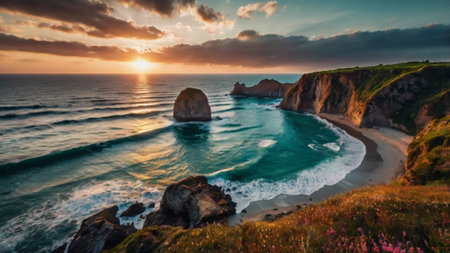 Panoramic view of the coastline at sunsetの写真素材