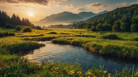 Beautiful landscape with a river in the mountains at sunset in summer